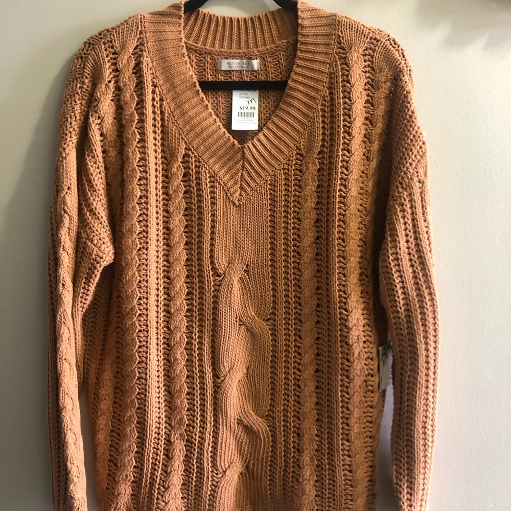V-neck Rust Brown Cable Knit sweater-NEW